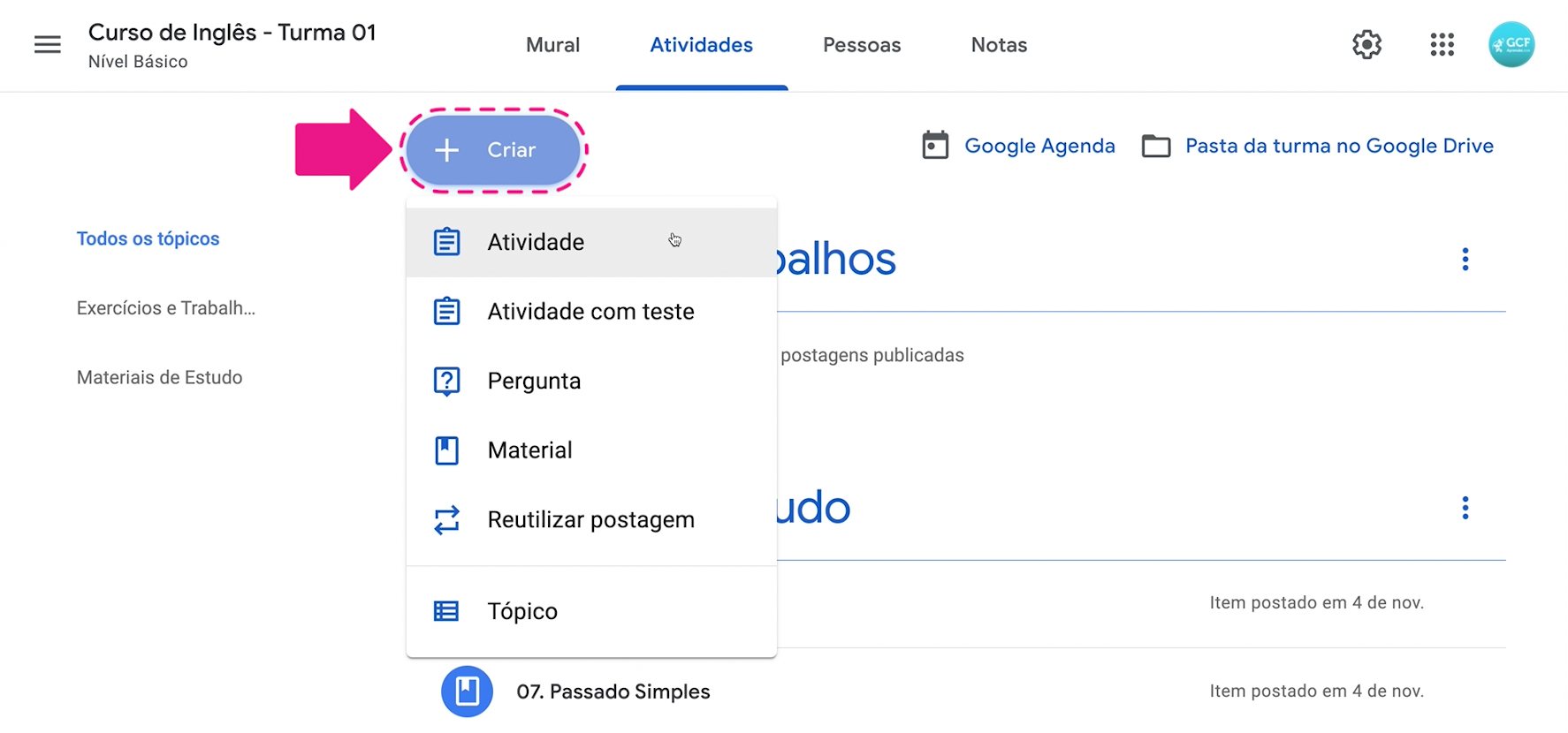 como criar atividades, exercícios e trabalhos no google sala de aula  5